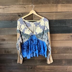Free People Patchwork Boho Mixed Print V-Neck Long Sleeve Top L